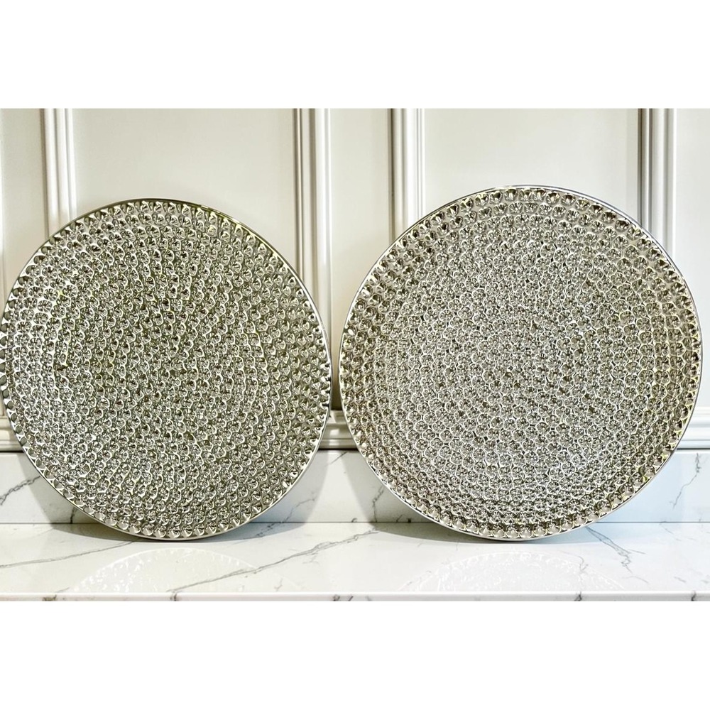 2 Benzara Silver Hammered Ceramic Decorative Plate 12" Ready to Hang Wall Decor